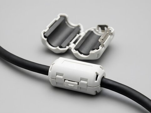 Ferrite Bead Clamped onto Black Cable with Opened Unit Nearby on Gray Surface