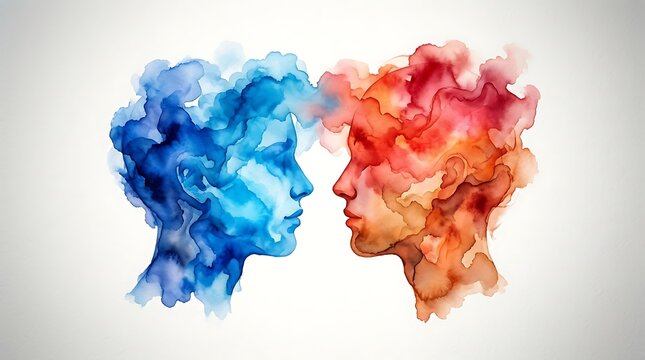 Abstract watercolor painting of two human profiles facing each other with vibrant blue and warm orange colors