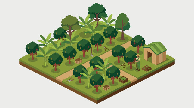 Cacao Intercropping Farm Isometric Illustration for Sustainable Agroforestry Agriculture Design