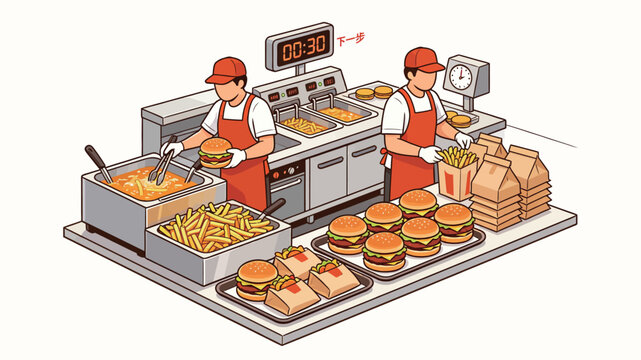Isometric Illustration of Fast Food Workers Preparing Burgers and Fries in Busy Commercial Kitchen