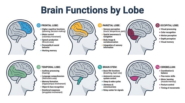 Human brain lobes and related cognitive functions educational infographic
