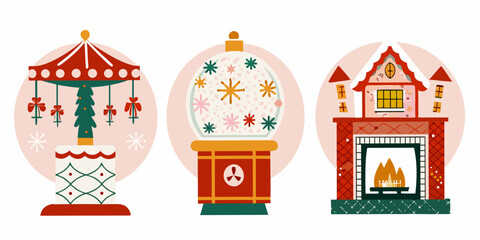 Christmas scenes with carousel snow globe and fireplace in vector illustration style © Tithi