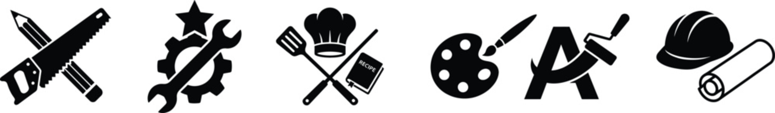 Black icons of various professions and tools