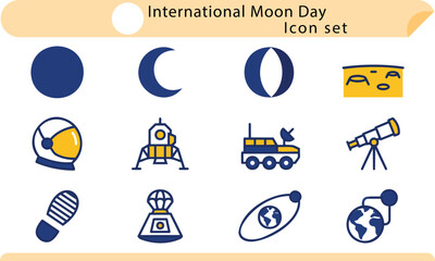 International Moon Day icon set featuring lunar phases, astronaut gear, and space exploration symbols. © Joy