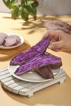 Fresh Purple Sweet Potato with Vibrant Violet Flesh - Healthy Vegetarian Ingredient Studio Shot