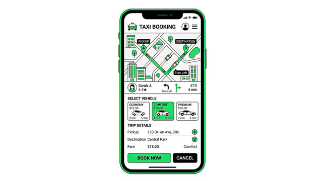 Taxi Booking App Interface on Smartphone Screen