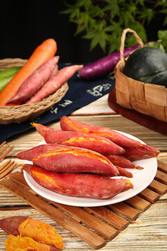 Fresh Roasted Red Sweet Potatoes with Raw Vegetables Still Life Kitchen Photography