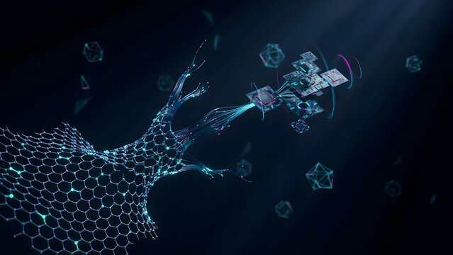Quantum processor chips emerging from graphene lattice &ndash; Great for future computing technology, physics laboratory graphics, or microchip innovation ads.