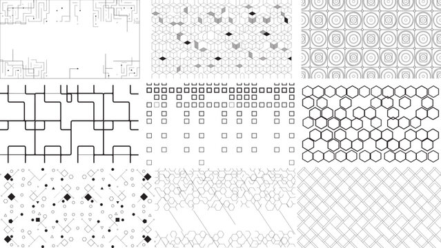 Set of nine seamless vector patterns, contemporary and diverse geometric designs on transparent background for fabric, web, or decor.