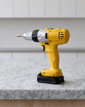 Yellow cordless drill on marble kitchen countertop, modern tool for home improvement, renovation, and construction projects, clean background