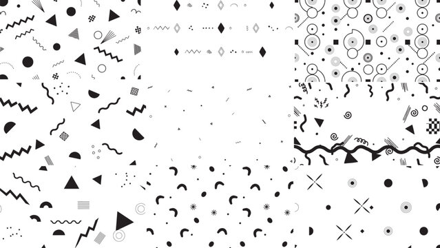 Set of 9 abstract vector patterns with black geometric shapes, squiggles, and circles on a transparent background, modern design elements for various projects.