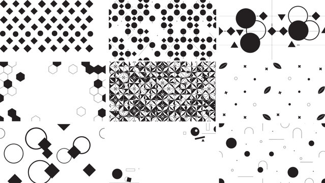 Diverse set of abstract geometric patterns with circles squares diamonds and hexagons on transparent background featuring modern artistic motifs.