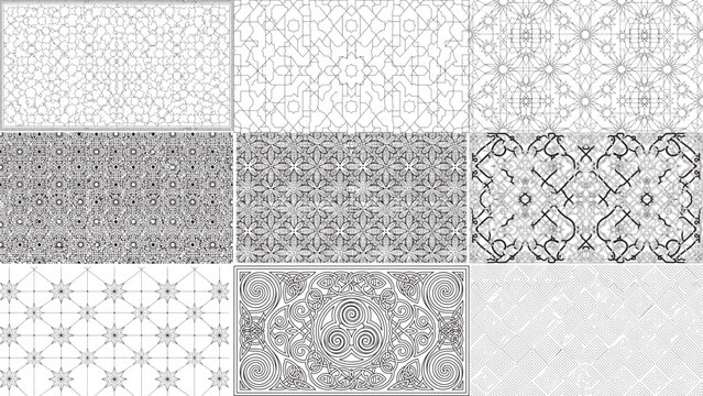 Intricate seamless geometric and abstract patterns set featuring complex tessellations floral motifs and decorative swirls on transparent background.