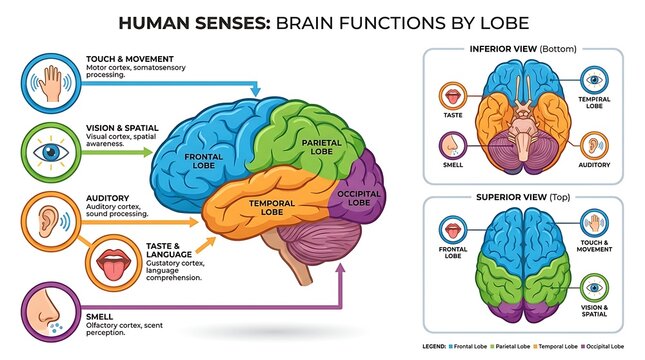 Educational infographic diagram of human senses brain functions by lobe
