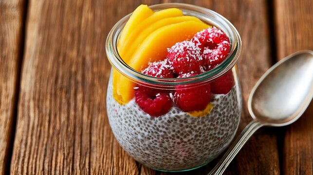 Delicious chia seed pudding with mango and raspberries on wooden table