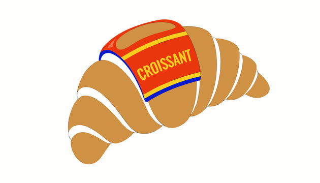 Very beautiful realistic vector of CROISSANT featuring flaky buttery layers with a colorful label reading "CROISSANT", isolated on white background.
