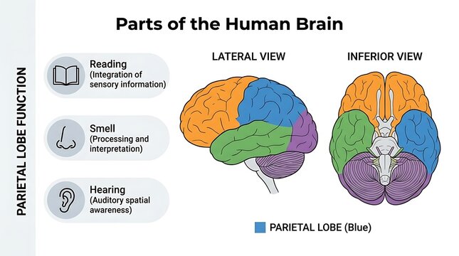 Educational diagram of human brain parietal lobe and sensory functions