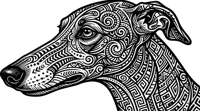 Ornate patterned greyhound head side view.