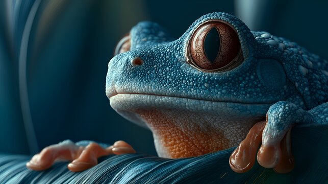 Close up of a vibrant blue frog with striking red eyes perched on a dark blue leaf, macro photography