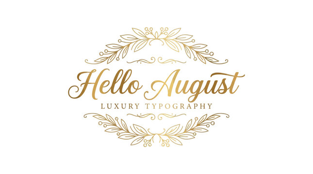 Elegant "Hello August" Luxury Typography with Golden Floral Wreath