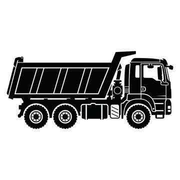 Heavy duty dump truck vector silhouette, industrial tipper truck icon for construction logistics, black commercial dumper vehicle isolated on white