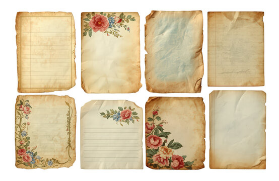 Vintage floral paper elements and aged parchment textures, antique letter sheets, scrapbook design, transparent background