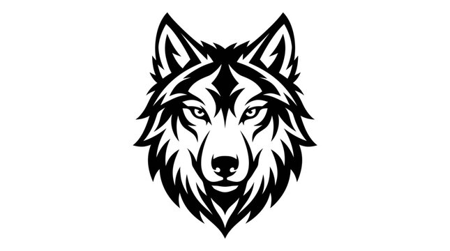 Symmetrical detailed wolf head front view.