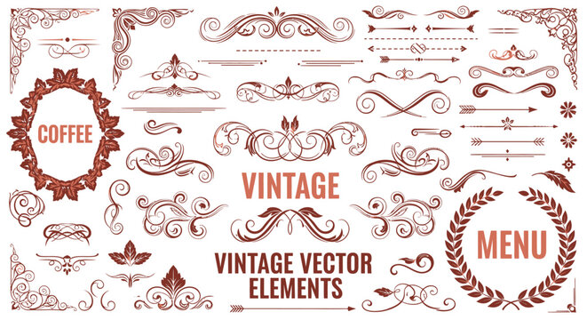 Vintage vector elements set, ornate brown flourishes and filigree dividers, decorative swirl borders and frames for coffee menu design