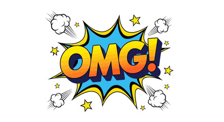 Fototapeta premium Comic book OMG speech bubble vector, retro pop art explosion with stars and clouds, vibrant yellow and blue cartoon sound effect illustration