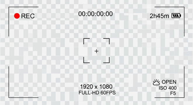 Camera viewfinder overlay with recording indicators, digital video screen interface on transparent background, professional movie recording frame