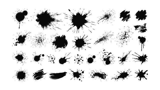  Abstract black ink splatter collection with textured grunge paint drop blots