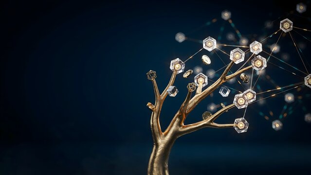 Crypto blockchain network tree in dark fintech void &ndash; Great for web3 investment banking, digital wallet applications, or safe currency visuals.