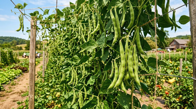 Fresh organic green pole beans growing on a trellis in a lush vegetable garden during summer with a farm barn and rolling hills in the background row