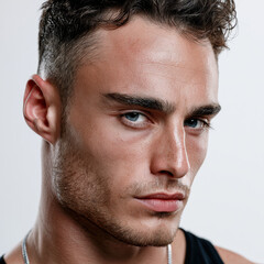 Fototapeta premium Serious male portrait strong jawline short hair blue eyes stubble closeup confident expression young adult tank top necklace