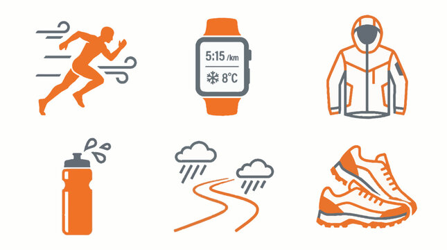 Set of flat vector icons representing outdoor running gear and weather conditions including a runner a smartwatch a jacket a water bottle and shoes