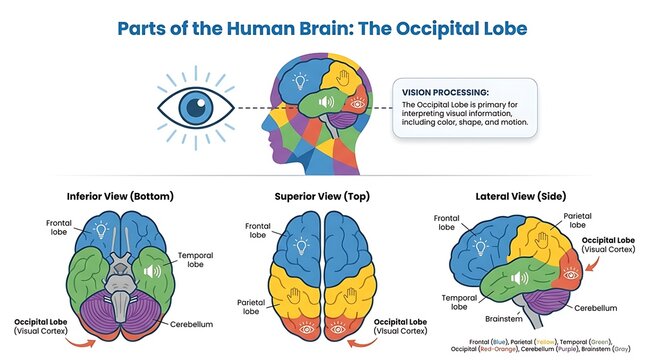 Human brain anatomy diagram detailing lobe locations and visual functions