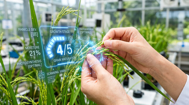 Close up of laboratory researcher examining rice panicle development using advanced bio control monitoring system