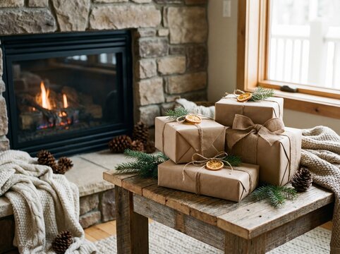 Christmas gifts wrapped in brown paper on wooden table with cozy fireplace background