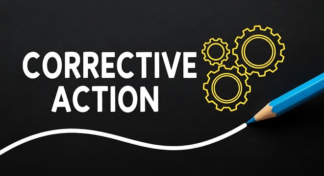 Text "Corrective Action" with gears and pencil-drawn line on a black background