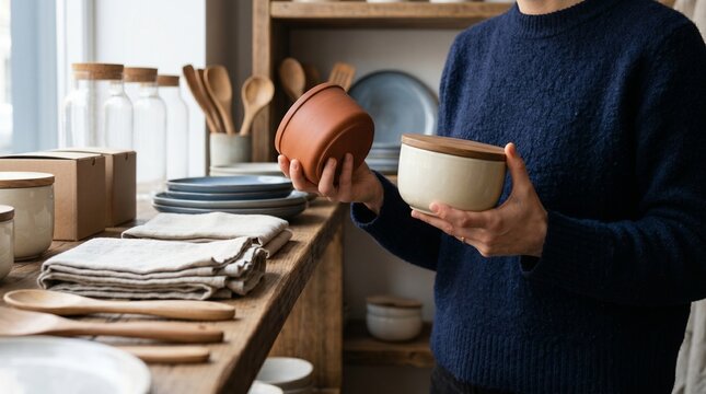 Thoughtful Shopper Comparing Durable Kitchen Containers In Local Store