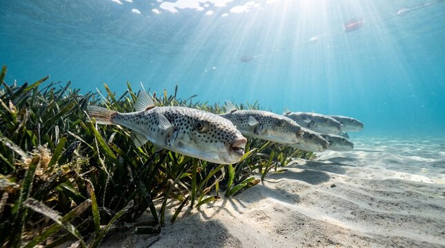 School of lagocephalus sceleratus Crossing Seagrass Edge by Mediterranean Swim Zone