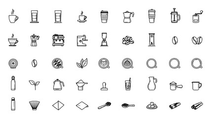 Fototapeta premium Coffee Illustrations Featuring Various Brewing Methods and Tools in Black and White Featuring Espresso, Mug, Cup with Beans
