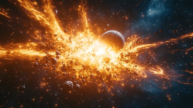 Cosmic Explosion with Crescent Moon in Dramatic Starry Sky Background