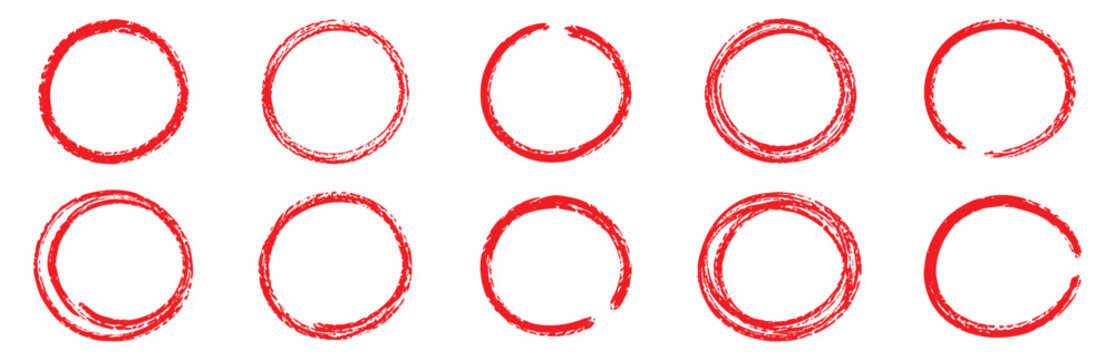 Set of ten hand-drawn imperfect red crayon circles arranged in two rows on a clean white background.