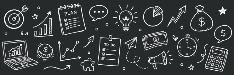 hand-drawn chalk icons, symbols, and elements on a textured blackboard surface in a flat design style. © Zbrake Studio