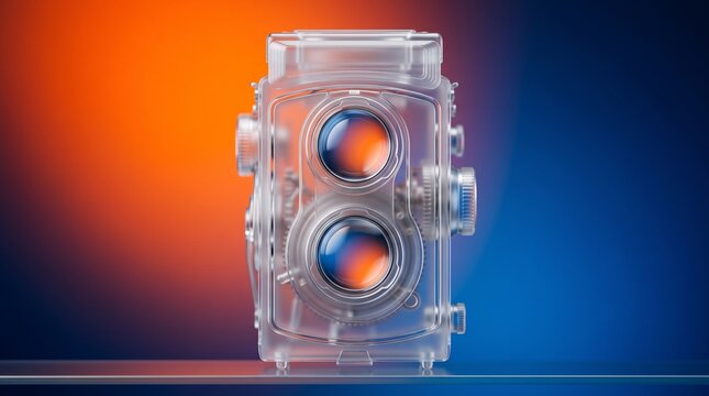 Futuristic Transparent Glass Twin Lens Reflex Camera on Orange and Blue Background, Artistic 3D Render of Vintage Photography Equipment with Creative Studio Concept Lighting