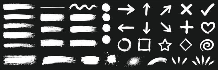 Collection of hand-drawn white chalk symbols, arrows, and decorative elements arranged on a dark textured blackboard background. © Zbrake Studio