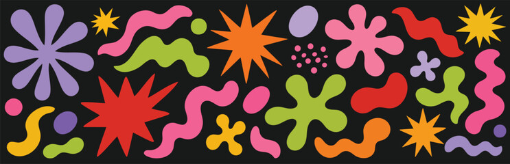 Fototapeta premium Vibrant collection of hand-drawn wobbly flowers, leaves, stars, and abstract shapes in bold colors on a dark background.