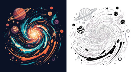 Vibrant cosmic spiral galaxy with planets and stars in space © noval