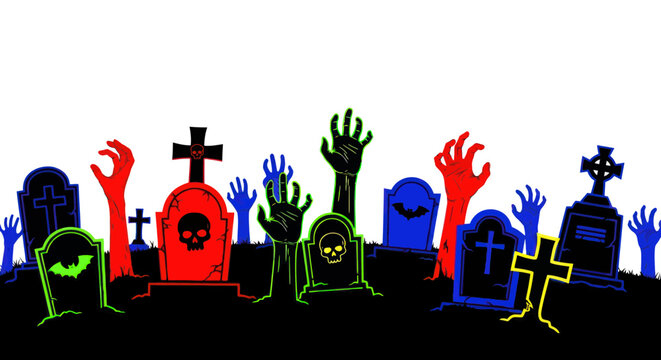 Zombie hands rising from graveyard tombstones in colorful style